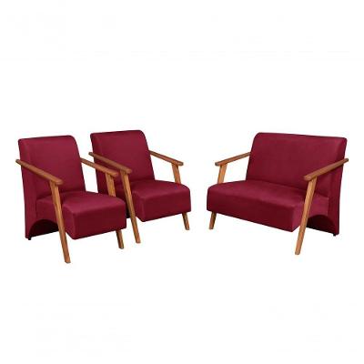 Conjunto Namoradeira E Poltronas Venus Braços Madeira Maciça Suede Bordô Kit Unidecor