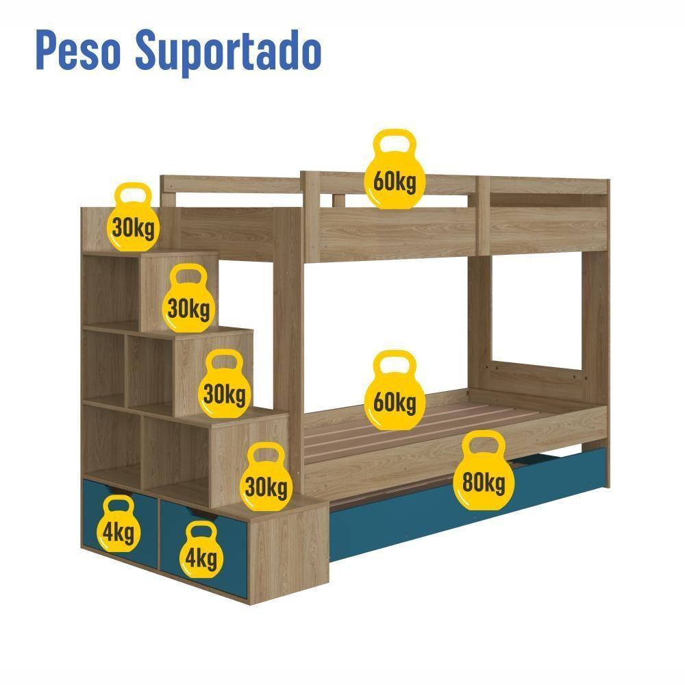 Cama Treliche Infantil Bicama Menino Menina 2,32m Com Escada, Nichos E Gavetas Aveiro Com Azul - 5