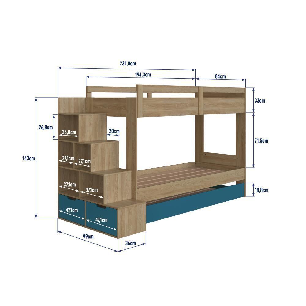 Cama Treliche Infantil Bicama Menino Menina 2,32m Com Escada, Nichos E Gavetas Aveiro Com Azul - 6
