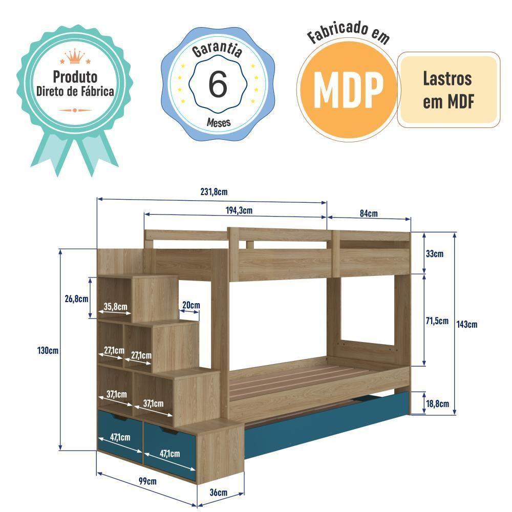 Cama Treliche Infantil Bicama Menino Menina 2,32m Com Escada, Nichos E Gavetas Aveiro Com Azul - 7