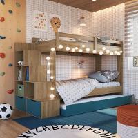 Cama Treliche Infantil Bicama Menino Menina 2,32m Com Escada, Nichos E Gavetas Aveiro Com Azul - 1