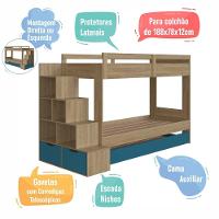 Cama Treliche Infantil Bicama Menino Menina 2,32m Com Escada, Nichos E Gavetas Aveiro Com Azul