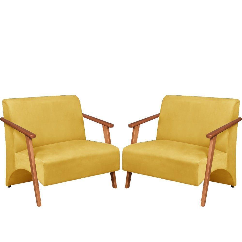Poltrona Namoradeira Venus Braço Madeira Maciça Suede Unidecor Amarelo - 1