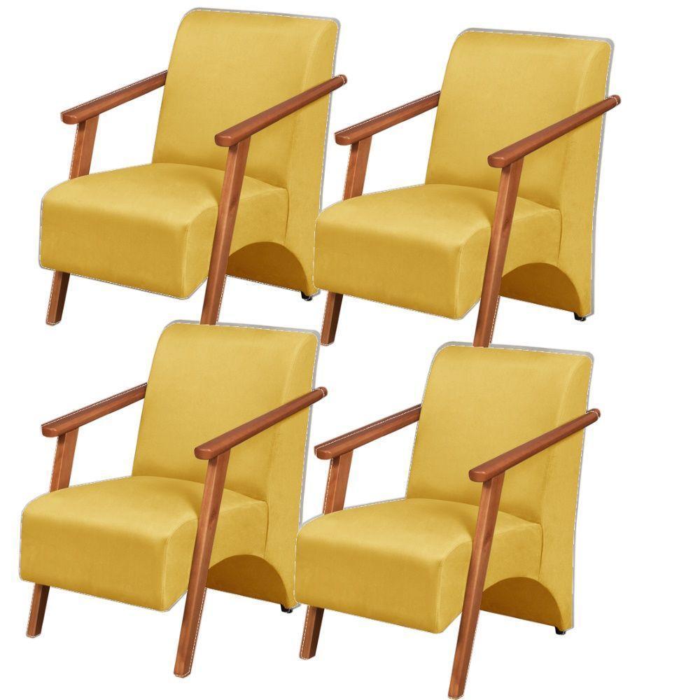Kit 4 Poltronas Venus 1 Lugar Braço Madeira Maciça Tecido Suede Unidecor Amarelo - 1