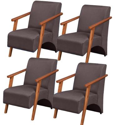 Kit 4 Poltronas Venus 1 Lugar Braço Madeira Maciça Suede Marrom Unidecor
