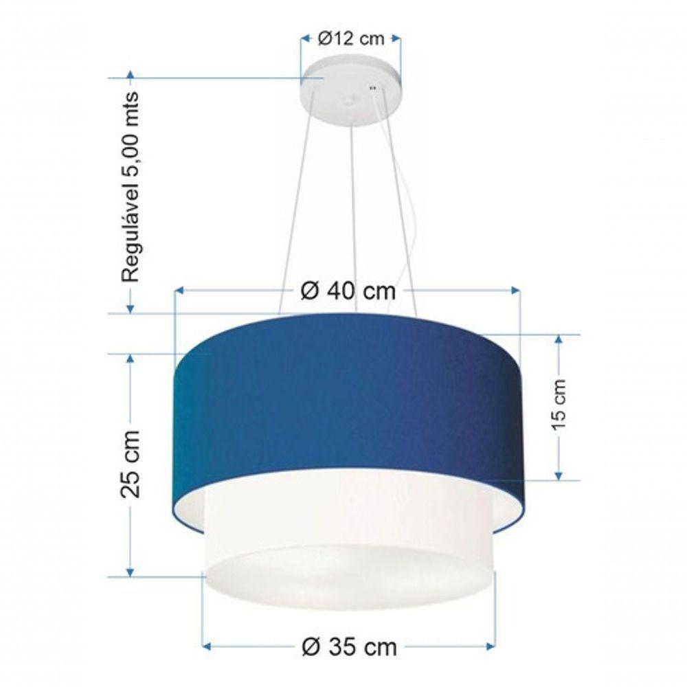 Lustre Pendente Duplo Cilíndrico Vivare Md-4158 Cúpula Tecido 40x35cm - Bivolt Azul-marinho-branco 127/220v - 5