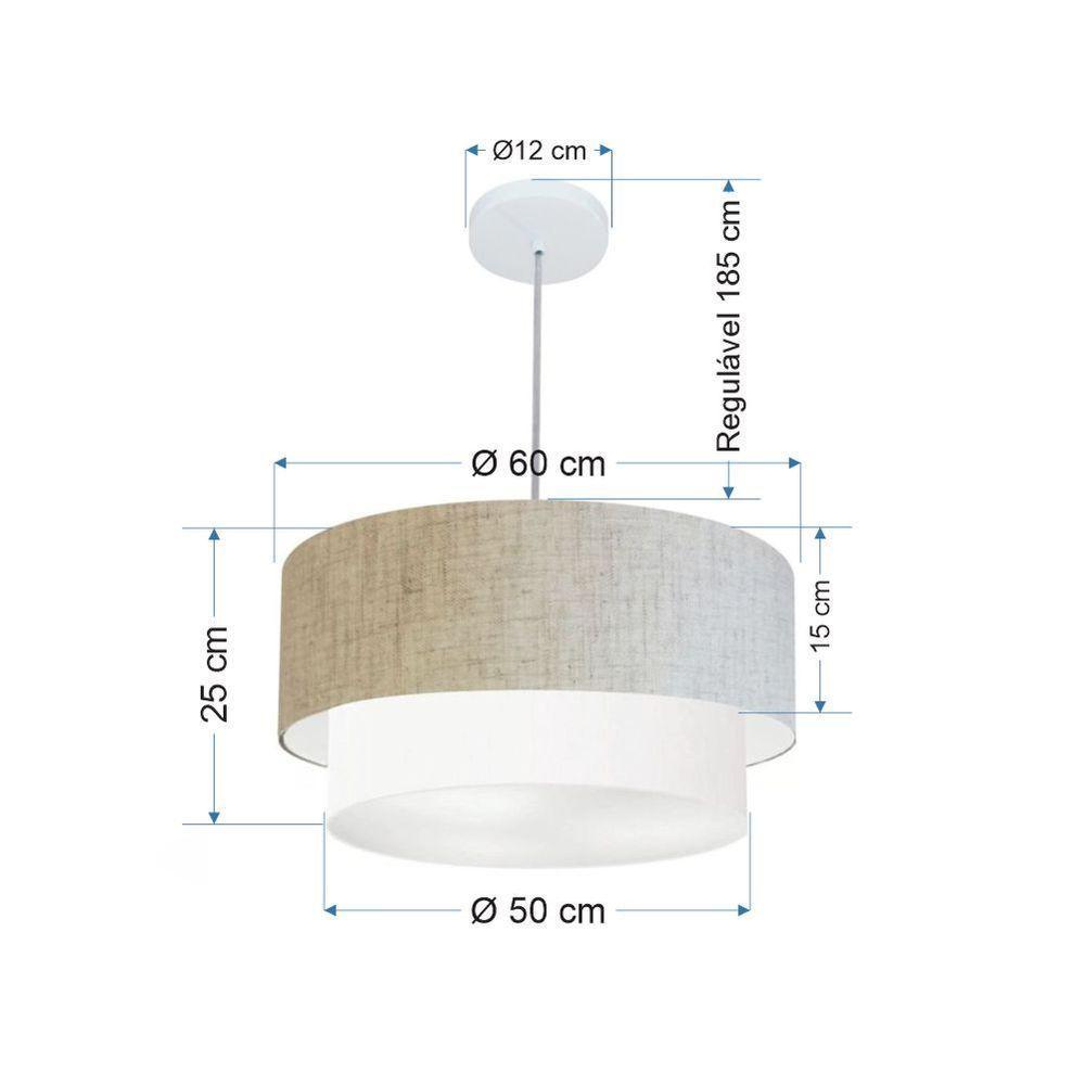 Lustre Pendente Duplo Cilíndrico Vivare Md-4353 Cúpula Tecido 60x50cm - Bivolt Rustico-bege-branco 127/220v - 2