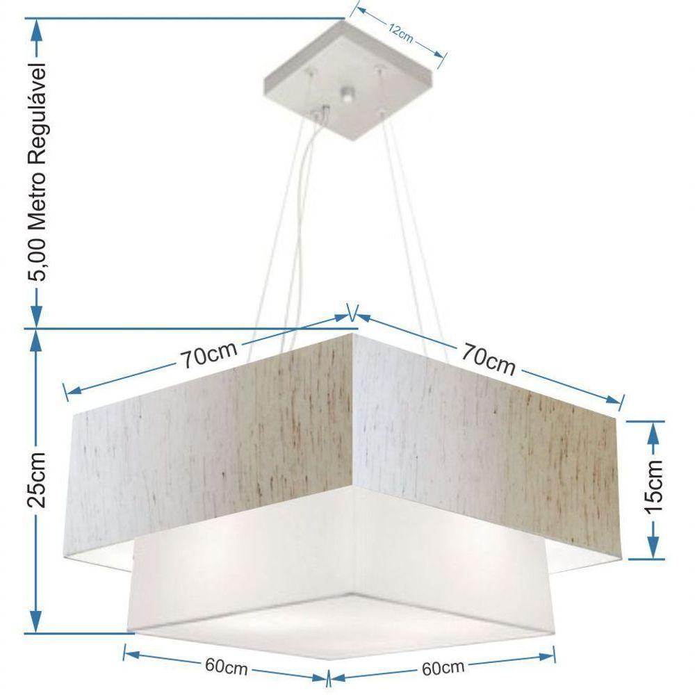 Lustre Pendente Duplo Quadrado Vivare Md-4346 Cúpula Em Tecido 70x60cm - Bivolt Linho-bege-branco 127/220v - 2
