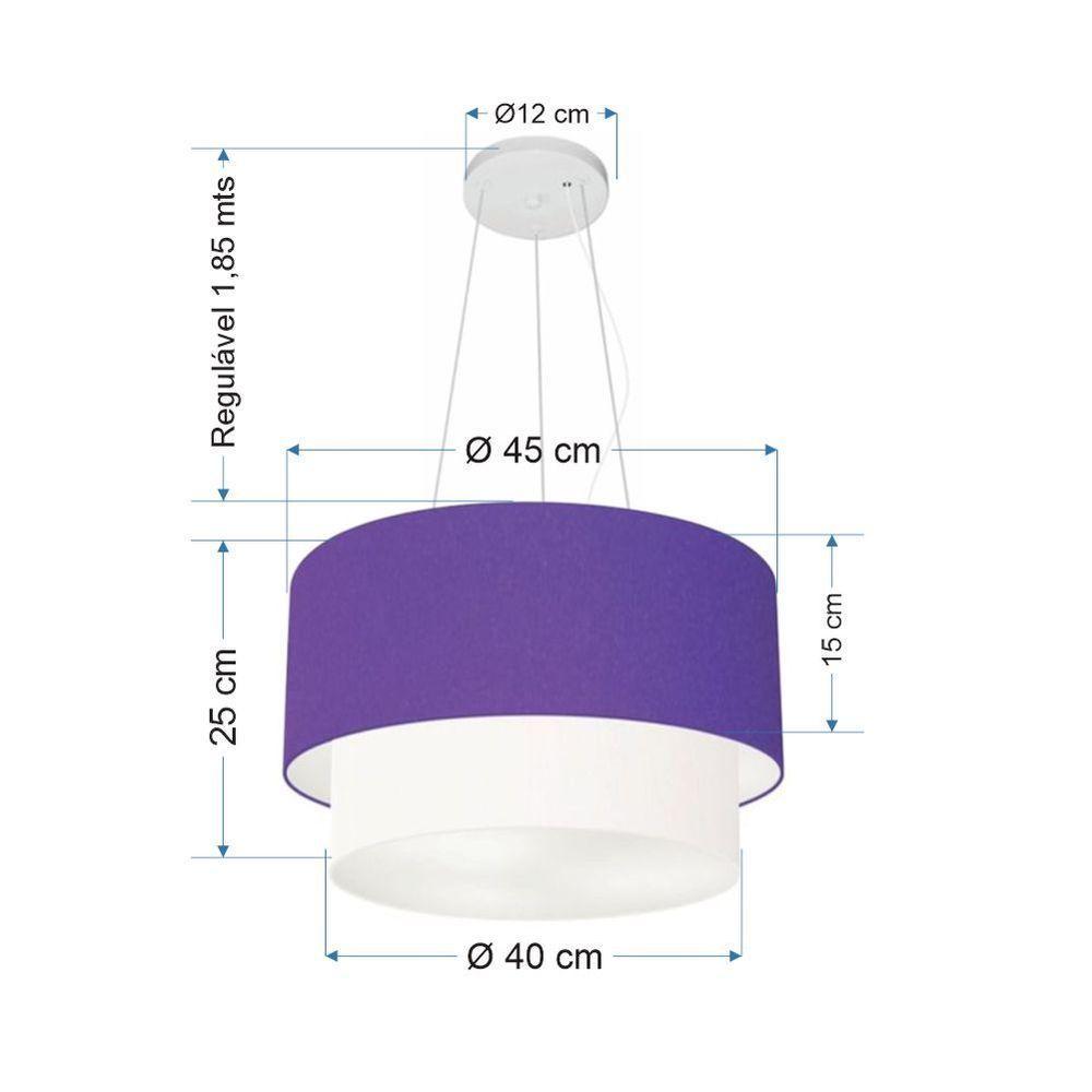 Lustre Pendente Duplo Cilíndrico Vivare Md-4369 Cúpula Tecido 45x40cm - Bivolt Roxo-branco 127/220v - 2