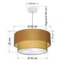 Lustre Pendente Duplo Cilíndrico Vivare Md-4353 Cúpula Em Tecido 60x50cm - Bivolt Palha 127/220v - 5