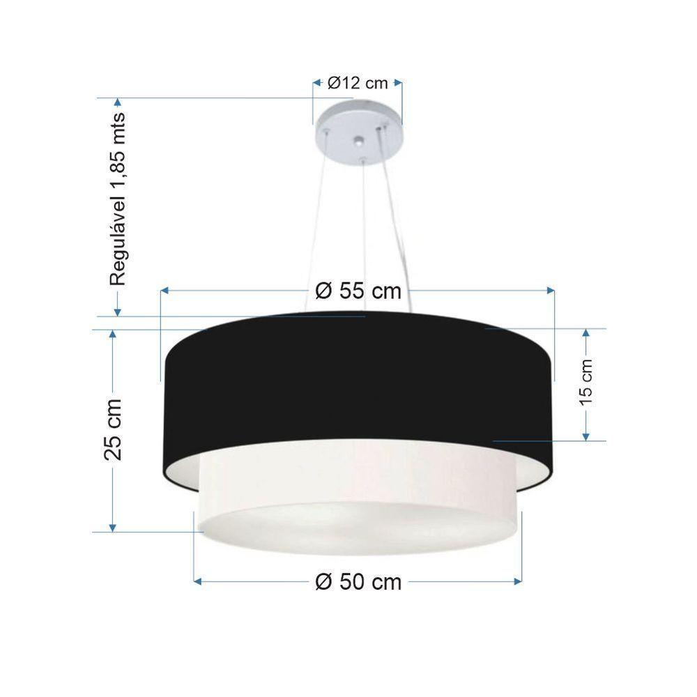 Lustre Pendente Duplo Cilíndrico Vivare Md-4370 Cúpula Em Tecido 55x50cm - Bivolt Preto-branco 127/220v - 2
