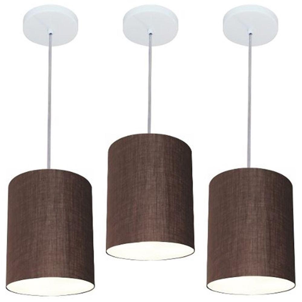 Kit/3 Lustre Pendente Cilíndrico Md-4012 Cúpula Em Tecido 18x25cm Café - Bivolt - 1