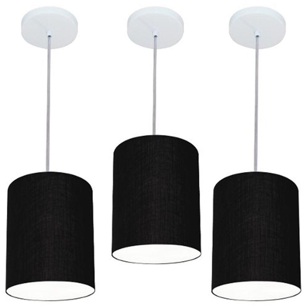 Kit/3 Lustre Pendente Cilíndrico Md-4012 Cúpula Em Tecido 18x25cm Preto - Bivolt - 1