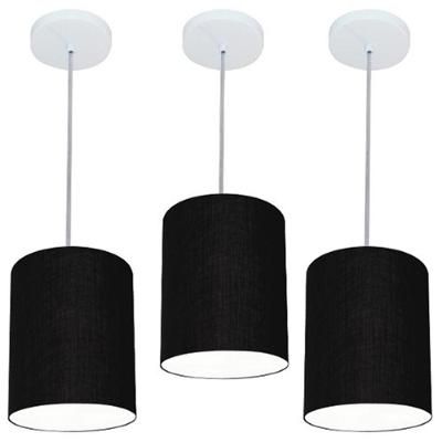 Kit/3 Lustre Pendente Cilíndrico Md-4012 Cúpula Em Tecido 18x25cm Preto - Bivolt