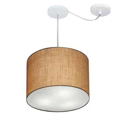Lustre Pendente Cilíndrico Com Desvio Md-4237 Cúpula Em Tecido 40x30cm Palha - Bivolt