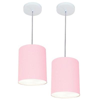 Kit/2 Lustre Pendente Cilíndrico Md-4012 Cúpula Em Tecido 18x25cm Rosa Bebê - Bivolt