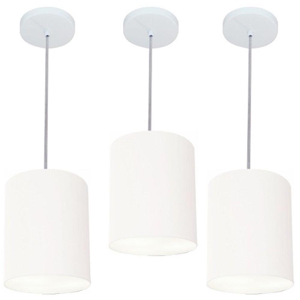 Kit/3 Lustre Pendente Cilíndrico Md-4012 Cúpula Em Tecido 18x25cm Branco - Bivolt - 1