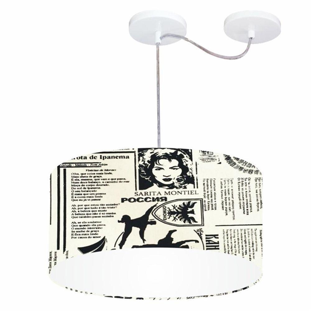 Lustre Pendente Cilíndrico Com Desvio De Centro Md-4151 Cúpula Em Tecido 50x25cm Ny-jornal - Bivolt - 1