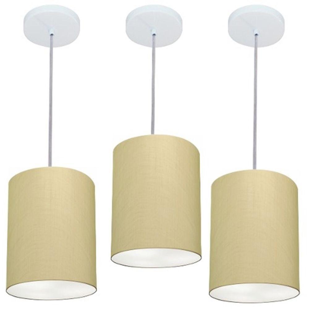 Kit/3 Lustre Pendente Cilíndrico Md-4012 Cúpula Em Tecido 18x25cm Algodão Crú - Bivolt - 1