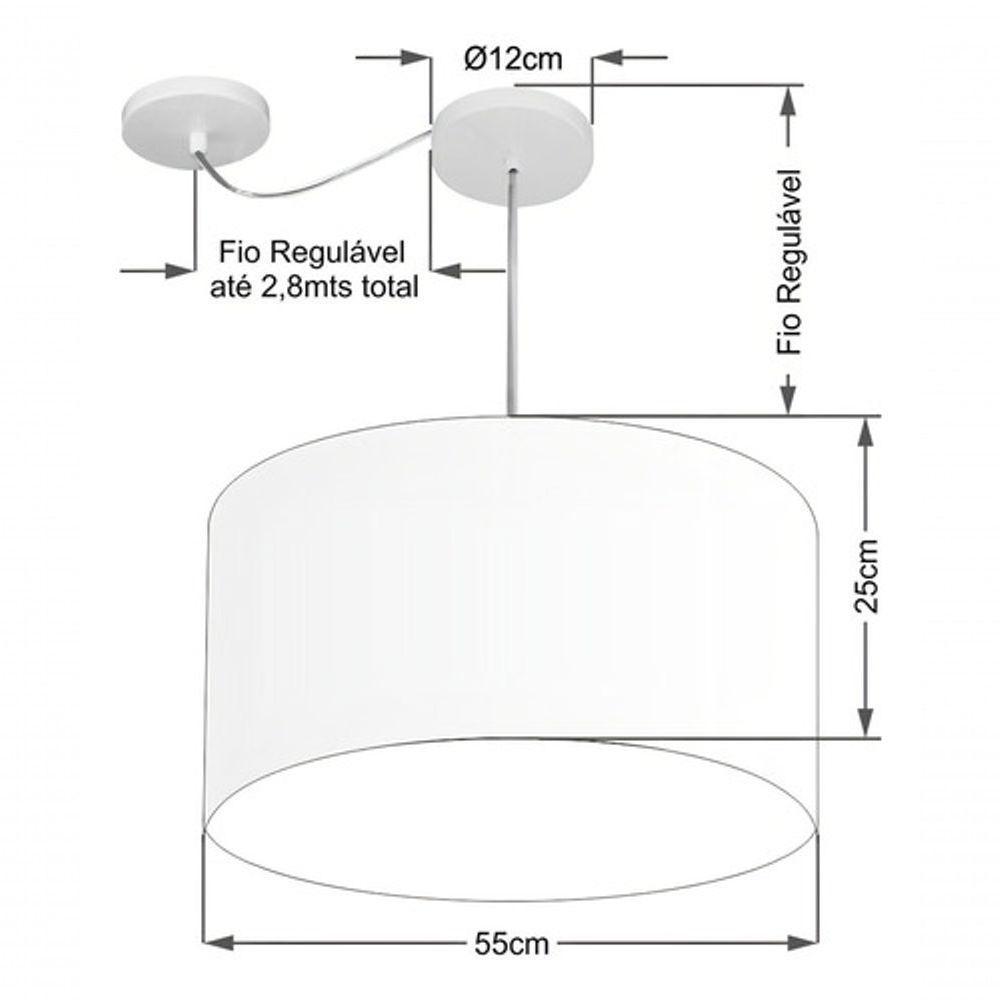 Lustre Pendente Cilíndrico Com Desvio Md-4263 Cúpula Em Tecido 55x25cm Branco - Bivolt - 4