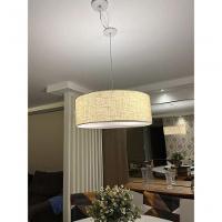 Lustre Pendente Cilíndrico Com Desvio Md-4266 Cúpula Em Tecido 60x21cm Rustico Bege - Bivolt - 5