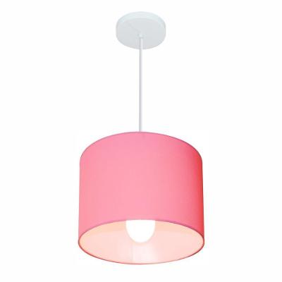 Lustre Pendente Cilíndrico Md-4113 Cúpula Em Tecido 30x25cm Rosa Bebê - Bivolt
