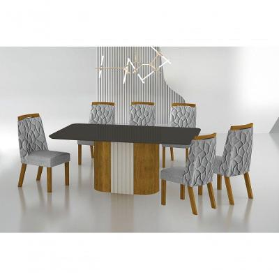 Conjunto Sala De Jantar Mesa Com Vidro 180cm Com 6 Cadeiras Pé Mdf Dacota Freijó Off White/chumbo/linho Cinza