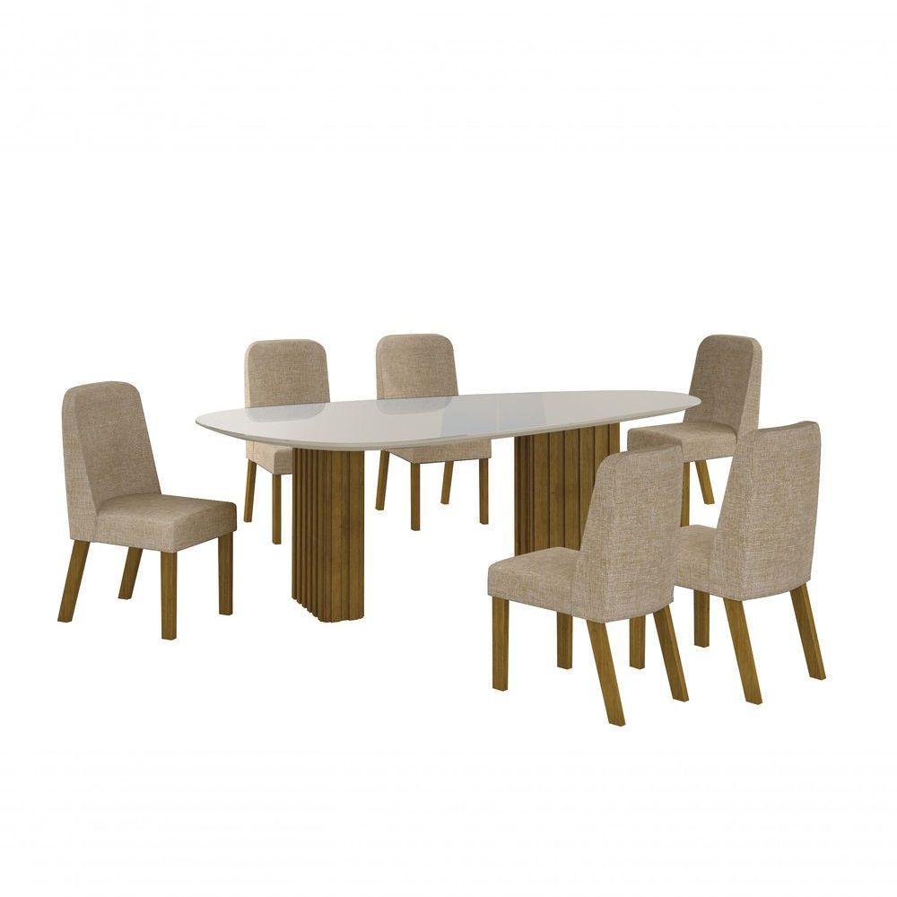 Conjunto Sala De Jantar Mesa Orgânica Com Vidro 180cm Com 6 Cadeiras Pé Madeira Isis Freijó/off White/linho Palha - 1