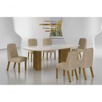 Conjunto Sala De Jantar Mesa Orgânica Com Vidro 180cm Com 6 Cadeiras Pé Madeira Isis Freijó/off White/linho Palha - 6