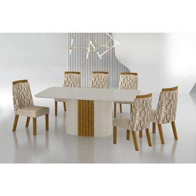 Conjunto Sala De Jantar Mesa Com Vidro 180cm Com 6 Cadeiras Pé Madeira Dacota Off White Freijó/off White/linho Palha