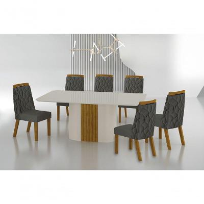 Conjunto Sala De Jantar Mesa Com Vidro 180cm Com 6 Cadeiras Pé Madeira Dacota Off White Freijó/off White/joli Chumbo