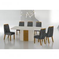 Conjunto Sala De Jantar Mesa Com Vidro 180cm Com 6 Cadeiras Pé Madeira Dacota Off White Freijó/off White/linho Chumbo - 1