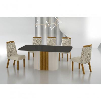 Conjunto Sala De Jantar Mesa Com Vidro 180cm Com 6 Cadeiras Pé Madeira Dacota Off White Freijó/chumbo/joli Palha