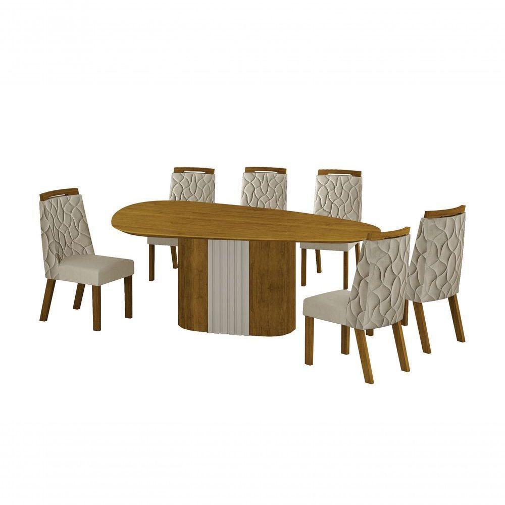 Conjunto Sala De Jantar Mesa Orgânica Sem Vidro 200cm Com 6 Cadeiras Pé Mdf Dacota Freijó Off White/freijó/joli Palha - 1