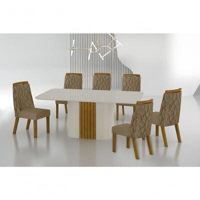 Conjunto Sala De Jantar Mesa Com Vidro 180cm Com 6 Cadeiras Pé Madeira Dacota Off White Freijó/off White/joli Camurça