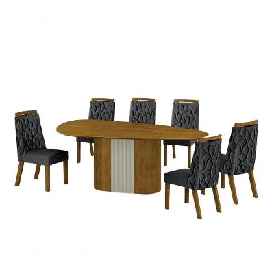 Conjunto Sala De Jantar Mesa Orgânica Sem Vidro 200cm Com 6 Cadeiras Pé Mdf Dacota Freijó Off White/freijó/linho Chumbo