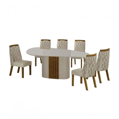 Conjunto Sala De Jantar Mesa Orgânica Com Vidro 200cm Com 6 Cadeiras Pé Mdf Dacota Off White Freijó/off White/joli Palha