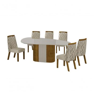 Conjunto Sala De Jantar Mesa Orgânica Com Vidro 200cm Com 6 Cadeiras Pé Mdf Dacota Freijó Off White/off White/joli Palha