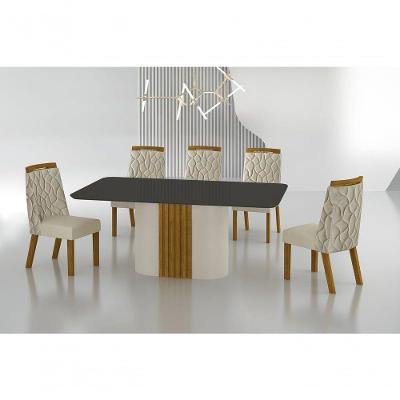 Conjunto Sala De Jantar Mesa Com Vidro 180cm Com 6 Cadeiras Pé Mdf Dacota Off White Freijó/chumbo/joli Palha