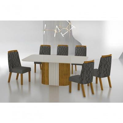 Conjunto Sala De Jantar Mesa Com Vidro 180cm Com 6 Cadeiras Pé Mdf Dacota Freijó Off White/off White/joli Chumbo