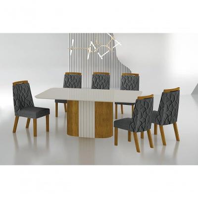 Conjunto Sala De Jantar Mesa Com Vidro 180cm Com 6 Cadeiras Pé Madeira Dacota Freijó Off White/off White/linho Chumbo
