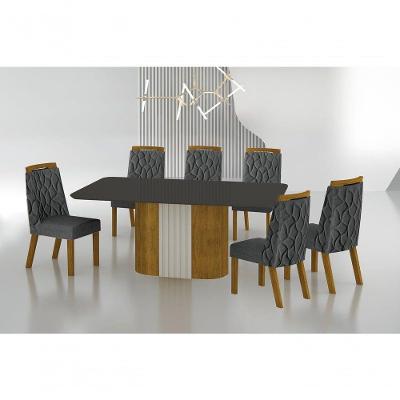 Conjunto Sala De Jantar Mesa Com Vidro 180cm Com 6 Cadeiras Pé Madeira Dacota Freijó Off White/chumbo/linho Chumbo
