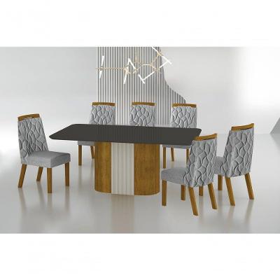 Conjunto Sala De Jantar Mesa Com Vidro 180cm Com 6 Cadeiras Pé Madeira Dacota Freijó Off White/chumbo/linho Cinza