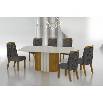 Conjunto Sala De Jantar Mesa Com Vidro 180cm Com 6 Cadeiras Pé Madeira Dacota Freijó Off White/off White/joli Chumbo