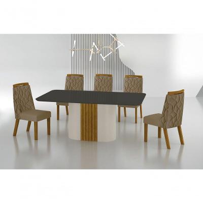Conjunto Sala De Jantar Mesa Com Vidro 180cm Com 6 Cadeiras Pé Madeira Dacota Off White Freijó/chumbo/joli Camurça