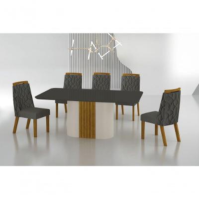 Conjunto Sala De Jantar Mesa Com Vidro 180cm Com 6 Cadeiras Pé Madeira Dacota Off White Freijó/chumbo/joli Chumbo