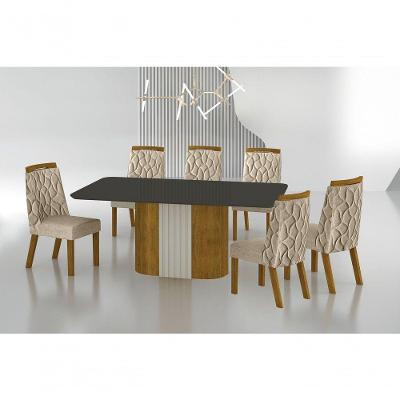 Conjunto Sala De Jantar Mesa Com Vidro 180cm Com 6 Cadeiras Pé Madeira Dacota Freijó Off White/chumbo/linho Palha