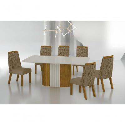 Conjunto Sala De Jantar Mesa Com Vidro 180cm Com 6 Cadeiras Pé Mdf Dacota Freijó Off White/off White/joli Camurça