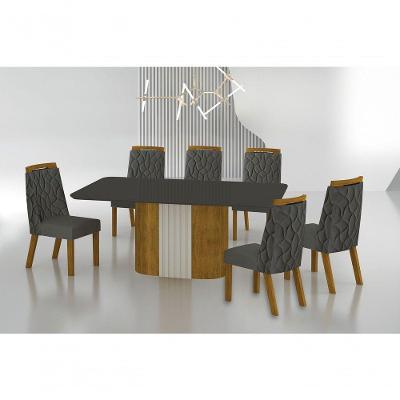 Conjunto Sala De Jantar Mesa Com Vidro 180cm Com 6 Cadeiras Pé Madeira Dacota Freijó Off White/chumbo/joli Chumbo
