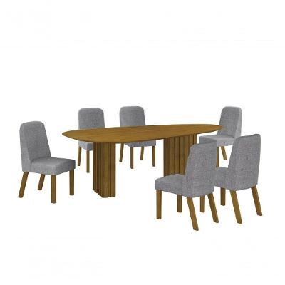 Conjunto Sala De Jantar Mesa Orgânica Sem Vidro 180cm Com 6 Cadeiras Pé Mdf Isis Freijó/linho Cinza